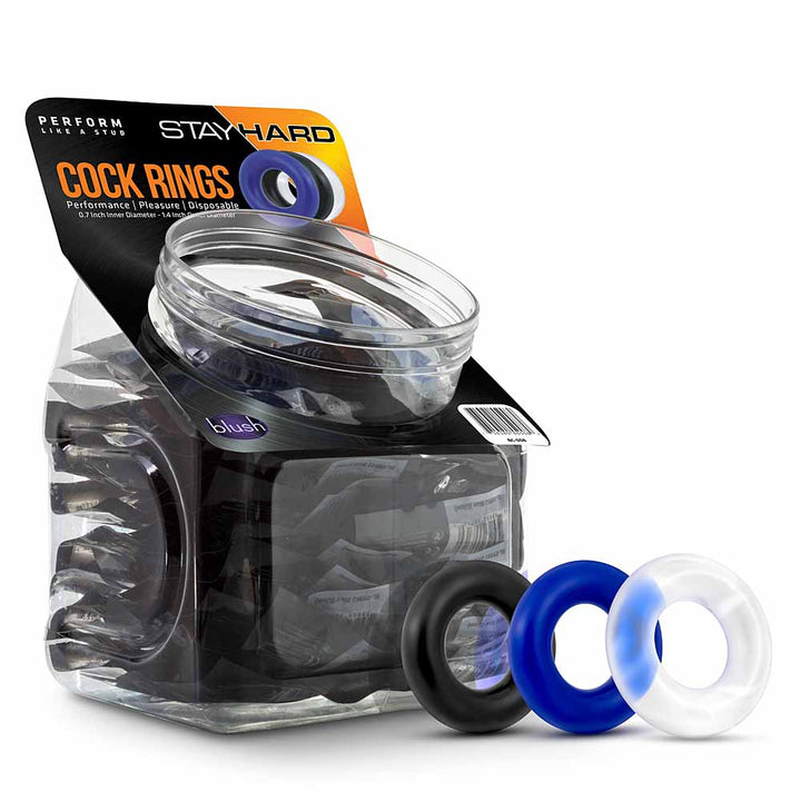 Blush Stay Hard Donut Rings 50-piece display jar with black, blue, and clear cock rings