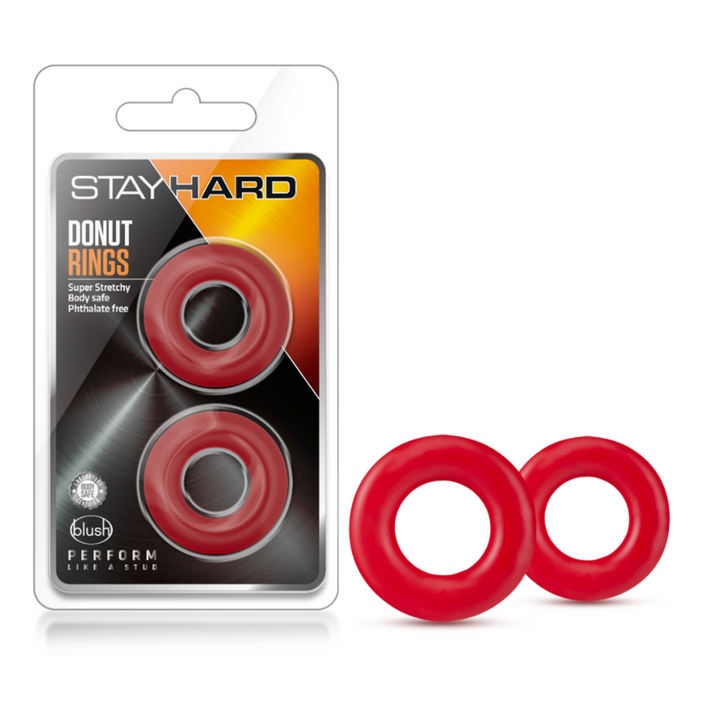 Blush Stay Hard Donut Rings in red, two stretchy cock rings beside retail packaging