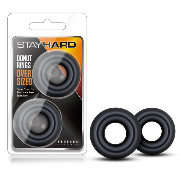 Blush Stay Hard Oversized Donut Rings in black, stretchy two-ring set in packaging