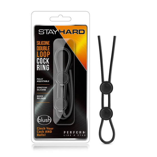 Blush Stay Hard Silicone Double Loop Lasso Cock Ring in black, fully adjustable
