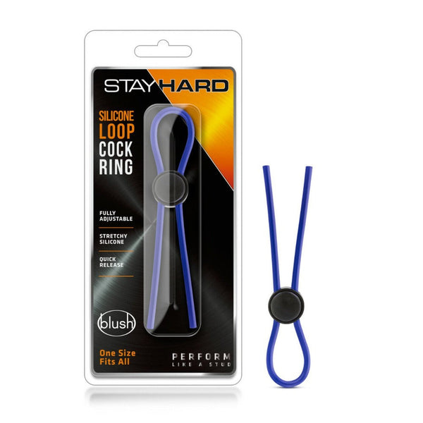 Blush Stay Hard Silicone Loop Cock Ring in blue with black adjustable slider, shown in retail packaging