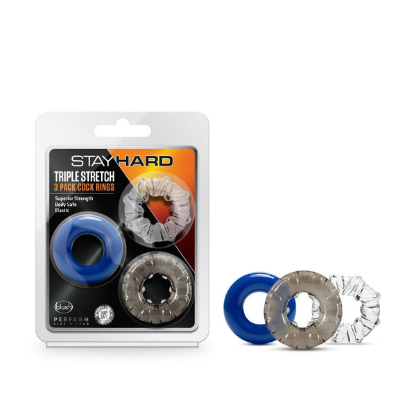 Blush Stay Hard Triple Stretch cock rings in blue, smoke, and clear, shown in retail packaging