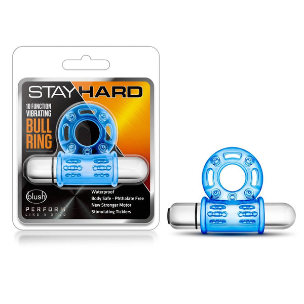Blush Stay Hard vibrating bull ring in blue, shown packaged and unpackaged with silver bullet