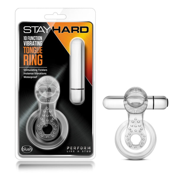 Blush Stay Hard Vibrating Tongue Ring in clear, shown packaged and unpackaged with bullet vibrator