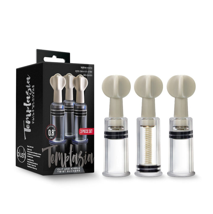 Blush Temptasia 3-piece twist sucker set in clear cylinders with taupe tops, shown beside black box