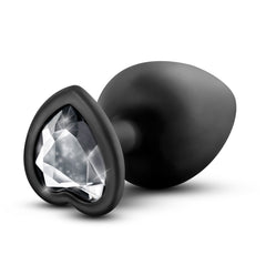 Blush Temptasia black silicone plug showing heart-shaped clear crystal gem base detail