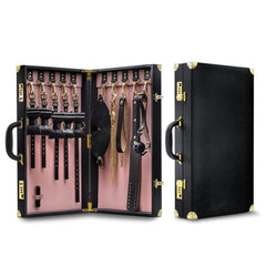 Blush Temptasia Safe Word Kit open briefcase showing pink interior with organized black and gold restraints