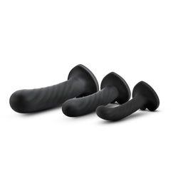 Blush Temptasia Twist Kit three black silicone dildo set with suction cup bases, angled view