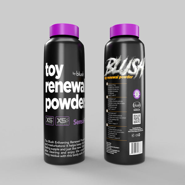 Blush Toy Renewal Powder black squeeze bottle with purple twist lid, front and back views