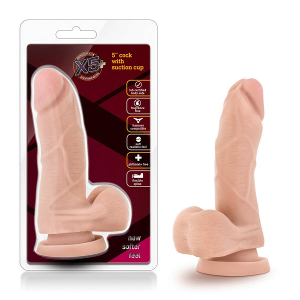 Blush X5 5-inch beige dildo with suction cup base, shown beside retail packaging