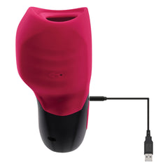 Body Kisses pink silicone toy with USB magnetic charging cable attached to black base