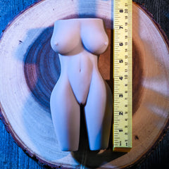 Body Language torso stroker shown beside ruler measuring approximately 8 inches tall on wood surface