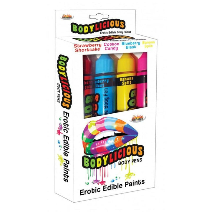 Bodylicious Erotic Edible Body Paints set of four flavored pens in colorful box packaging