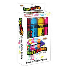 Bodylicious Erotic Edible Body Paints set of four flavored pens in colorful box packaging