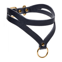 Bondage Baddie black collar laid flat showing gold studs, buckle hardware, and O-ring loop