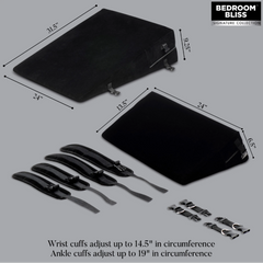 Bondage Cushion Set dimensions diagram showing wedge, flat cushion, wrist and ankle cuffs with measurements