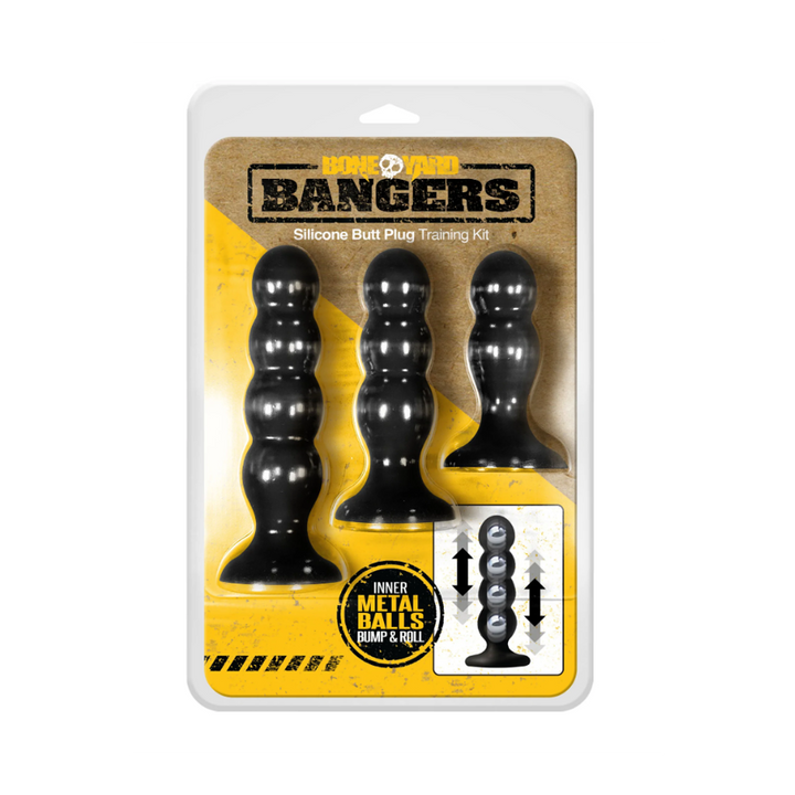 BoneYard Bangers silicone butt plug training kit, three black graduated sizes in packaging