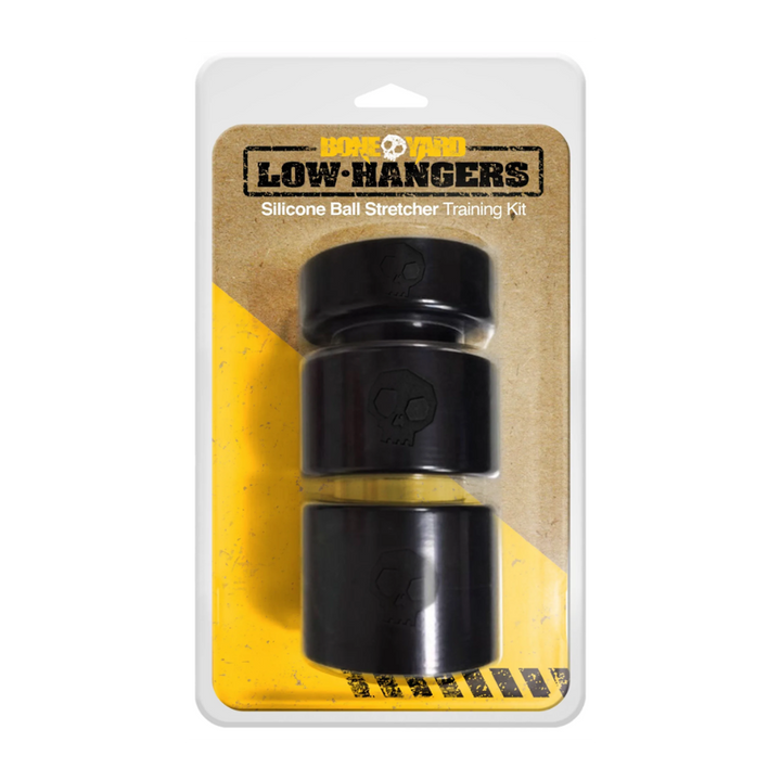 BoneYard Low Hangers silicone ball stretcher training kit, three black rings in blister pack