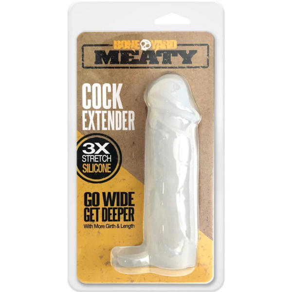Boneyard Meaty Cock Extender in clear silicone displayed in retail blister packaging