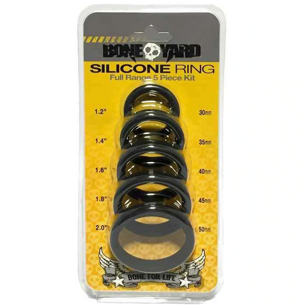BoneYard Silicone Ring 5-piece kit in black, packaged in yellow retail blister card showing five graduated sizes from 30mm