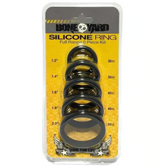 BoneYard Silicone Ring 5-piece kit in black, packaged in yellow retail blister card showing five graduated sizes from 30mm