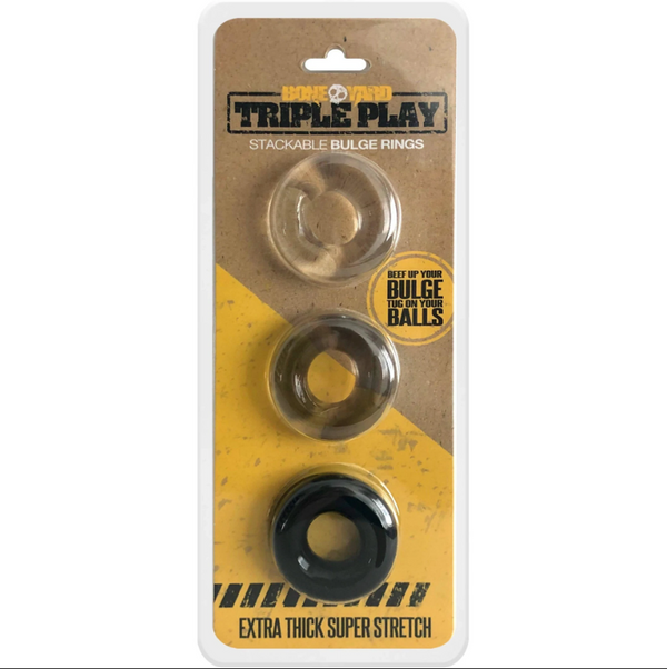 Boneyard Triple Play stackable cock rings set of three in clear, smoke, and black on retail card