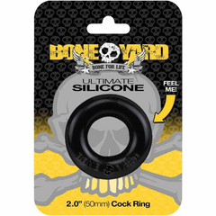 Boneyard Ultimate Silicone Cock Ring in black, 2-inch round stretchy ring on retail card
