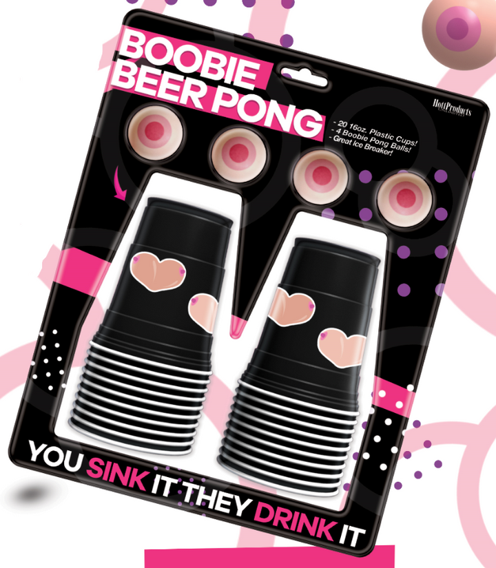 Boobie Beer Pong set in black packaging showing stacked cups with playful printed designs and pink balls