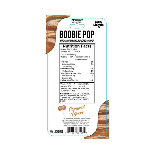 Boobie Pop nutrition facts label showing caramel flavor ingredients and 127-calorie serving info