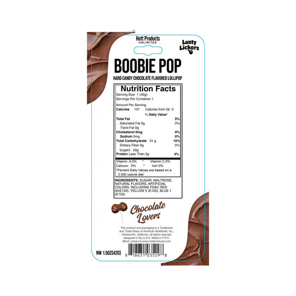 Boobie Pop nutrition facts label showing chocolate hard candy ingredients and 42g serving size