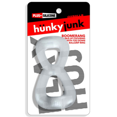 Boomerang cockring in clear steam on retail packaging showing tug-down ballgrip ring detail