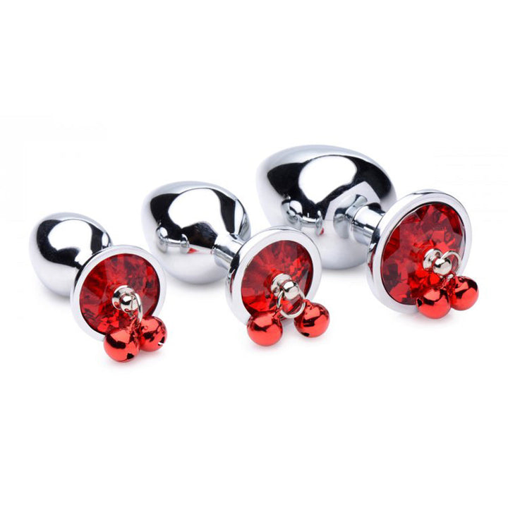 Booty Sparks 3-piece silver metal anal plug set with red gemstone and bell charms