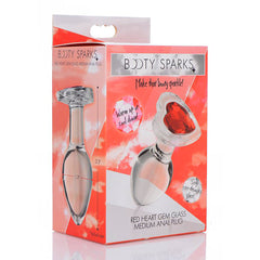 Booty Sparks medium anal plug packaging showing 3.3 inch length and see-through glass material