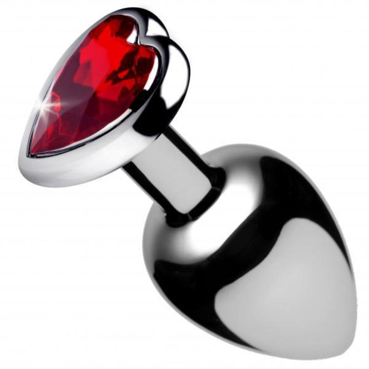 Booty Sparks Red Heart Gem Small Anal Plug in polished silver metal with red crystal base