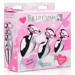 Booty Sparks retail box displaying three-piece stainless steel anal plug set with pink gem bases