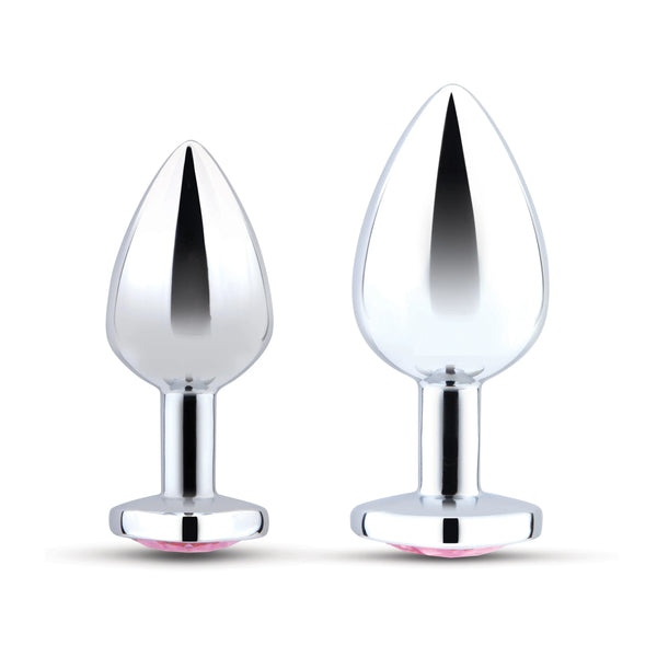 Both silver metal butt plugs from the training set displayed upright to show size difference