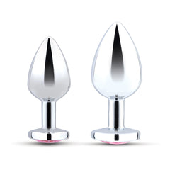 Both silver metal butt plugs from the training set displayed upright to show size difference