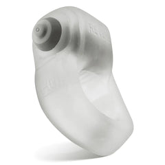 Bottom-angle view of Oxballs Reverb cock ring showing button detail and flexible silicone form