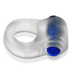 Bottom angle of REVRING clear ice silicone ring showing interior channel and blue vibe base