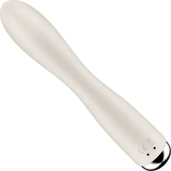 Bottom view of beige rabbit vibrator handle showing CE certification and chrome charging port