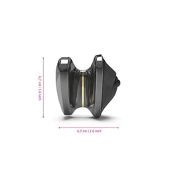 Bottom view of black lay-on vibrator showing 6.7 x 6.7 cm dimensions and charging contact