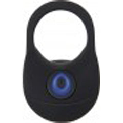 Bottom view of black silicone ring base showing blue vibration control button