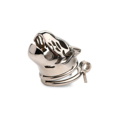 Bottom view of Caged Cougar chastity cage revealing open cougar mouth design and key slot