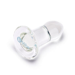 Bottom view of clear glass anal dilator flared base with b-Vibe logo etched in blue