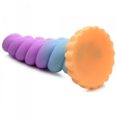 Bottom-up view of Creature Cocks Mystique showing flat suction cup base in peach silicone