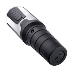 Bottom end of stroker showing USB-C charging port and headphone jack on ridged black handle