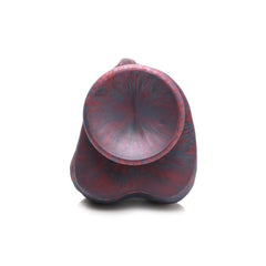 Bottom-up view of Hydra dildo suction cup base showing swirled purple and red silicone