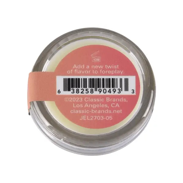 Bottom label of Nipple Nibblers balm showing barcode, 12-month symbol, and foreplay usage note