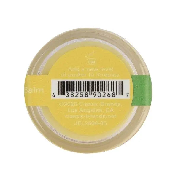 Bottom of Nipple Nibblers sour balm jar displaying barcode, Classic Brands info, and usage text