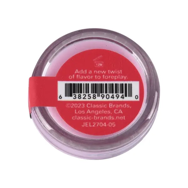 Bottom of Raspberry Mimosa pleasure balm jar showing barcode and Classic Brands label, 2023